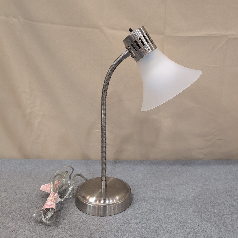 Brushed Nickel Gooseneck Desk Lamp Frosted White Glass Tulip Shade Adjustable - Picture 2 of 4